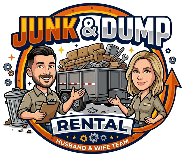 Junk & Dump Rental – cartoon of Joey and Danielle with a dump trailer full of junk
